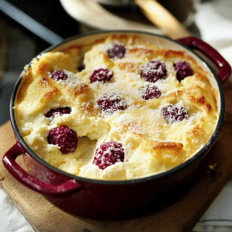 Quark Auflauf – Das beste Rezept & Tipps für den perfekten Genuss 9 Frisch gebackener Quark Auflauf mit Himbeeren in runder Auflaufform