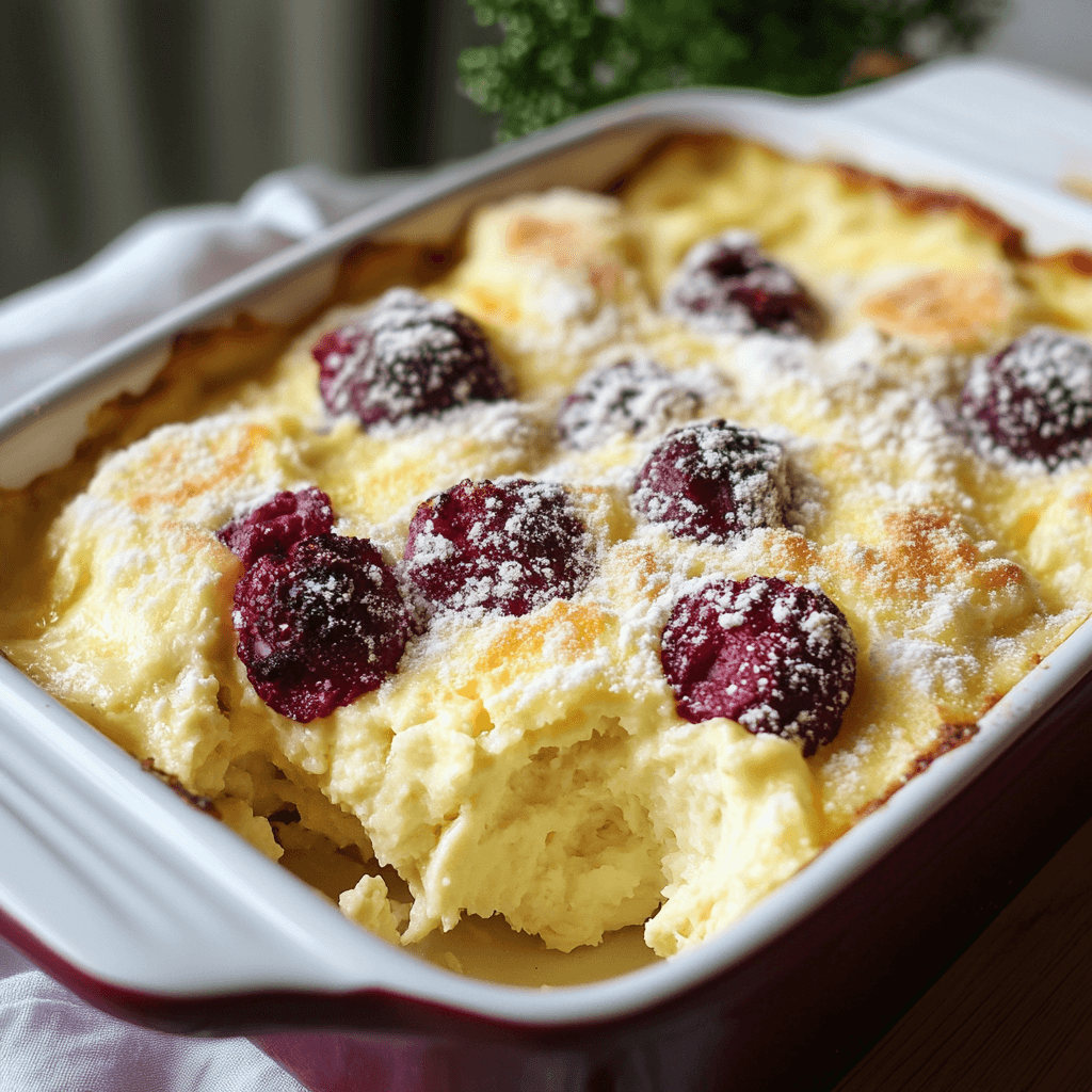Quark Auflauf – Das beste Rezept & Tipps für den perfekten Genuss 6 Quark Auflauf mit Himbeeren in rechteckiger Backform und Puderzucker