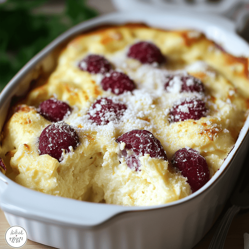 Quark Auflauf – Das beste Rezept & Tipps für den perfekten Genuss 7 Klassischer Quark Auflauf mit roten Himbeeren und Puderzucker in weißer Form