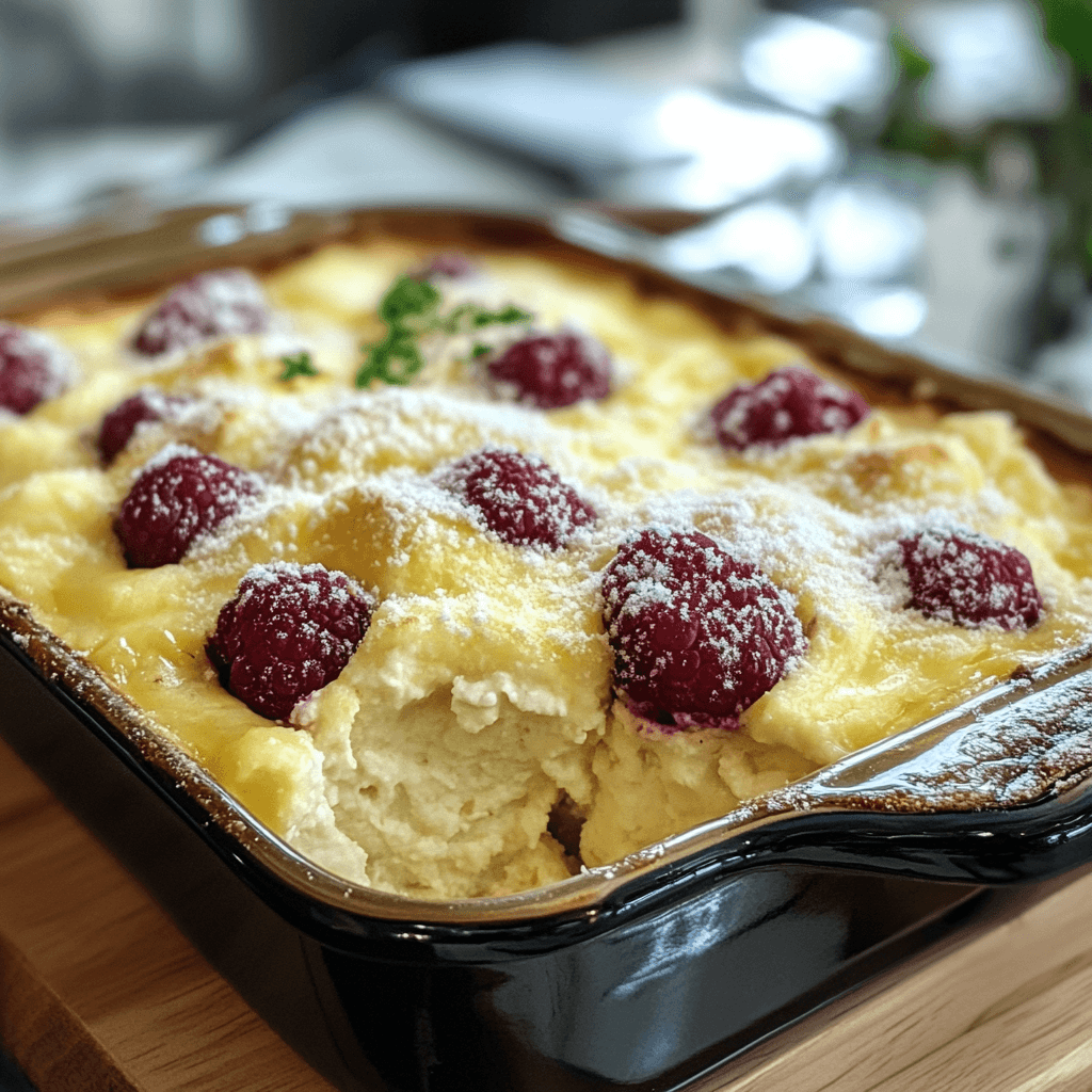 Quark Auflauf – Das beste Rezept & Tipps für den perfekten Genuss 8 Quark Auflauf mit Himbeeren und Kräuterdeko in dunkler Backform