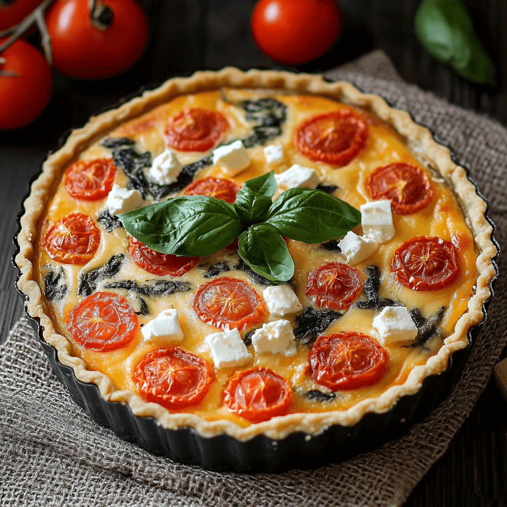 Frisch gebackene Quiche mit Cherrytomaten, Feta-Würfeln und Spinatblättern in einer Backform