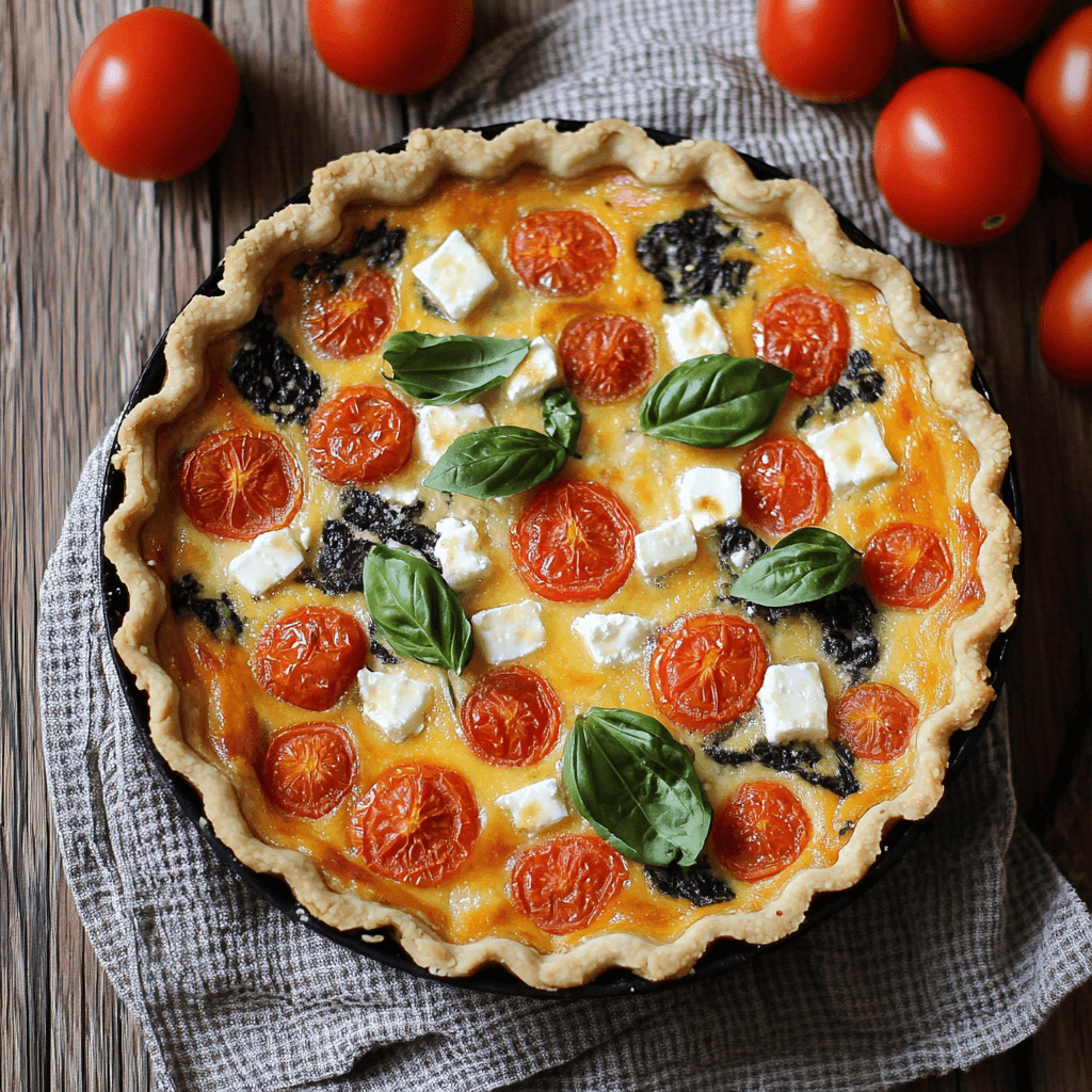 Quiche mit Tomaten, Feta, Basilikum und Spinat 6 Obere Ansicht einer goldbraun gebackenen Quiche mit Tomaten, Feta, Spinat und frischen Basilikumblättern