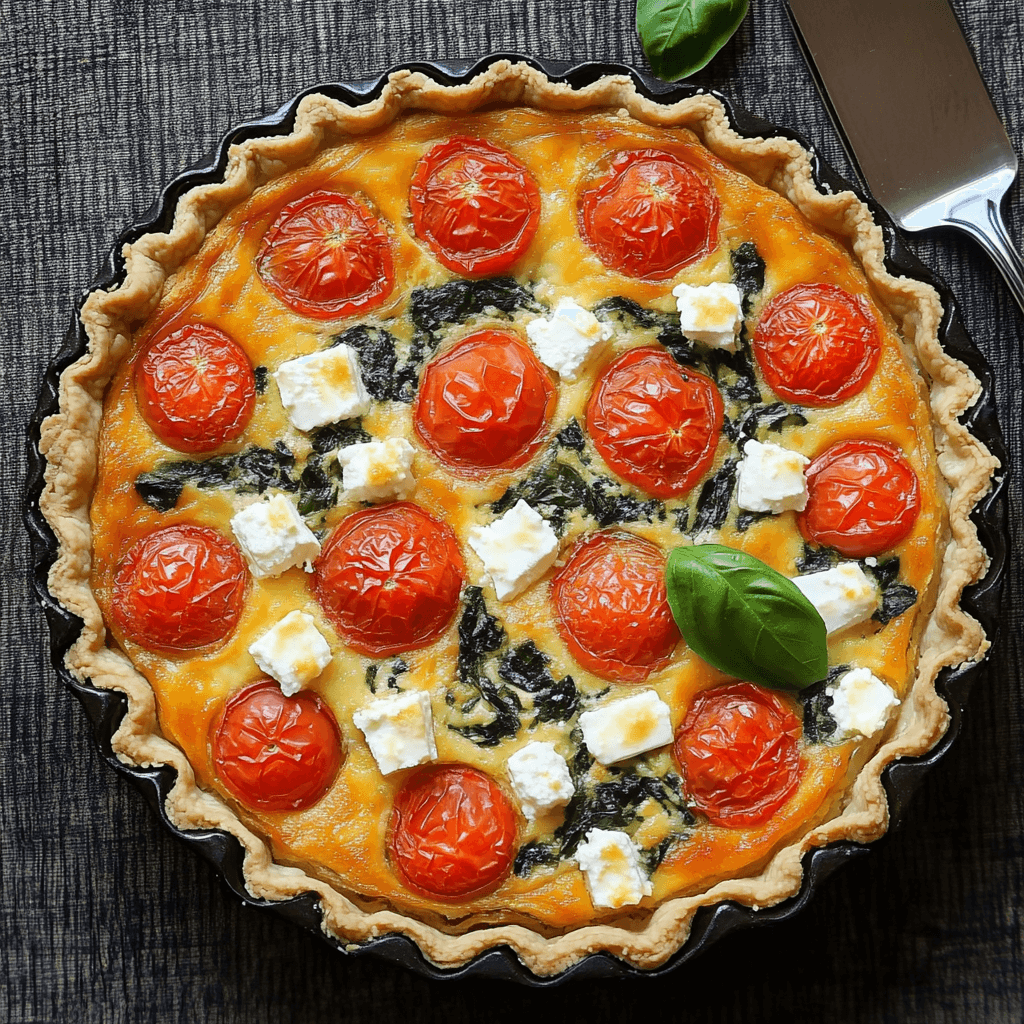 Quiche mit Tomaten, Feta, Basilikum und Spinat 7 Quiche mit gebackenen Kirschtomaten, Feta und Spinat in einer dunklen Tarteform mit Basilikum-Deko