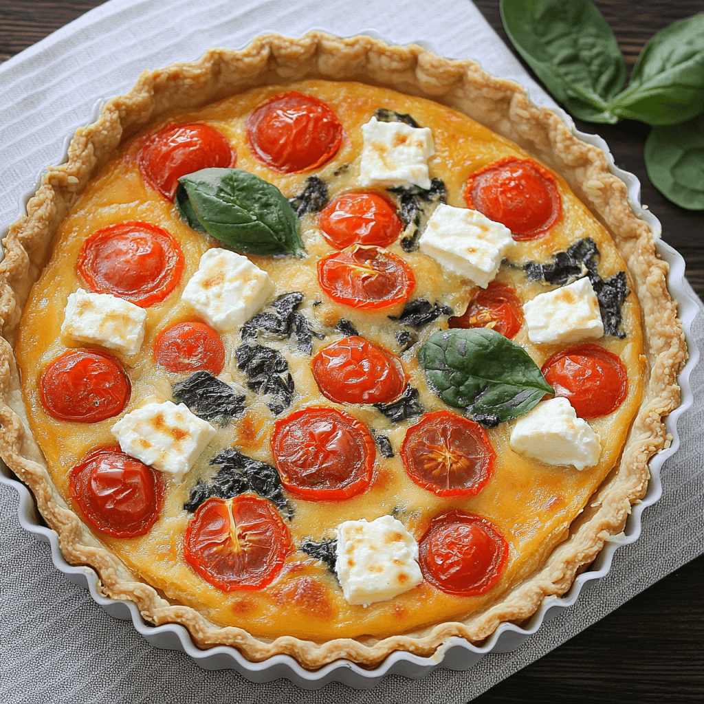 Quiche mit Tomaten, Feta, Basilikum und Spinat 8 Goldgelbe Quiche mit Tomaten, Spinat, Feta und Basilikum in einer weißen Form auf Stoffserviette