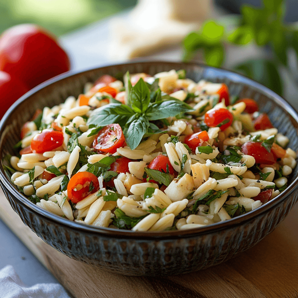 Risoni-Salat – Das ultimative Rezept für mediterranen Genuss 7 Italienischer Risoni-Salat mit Basilikum, Tomaten und Mozzarella