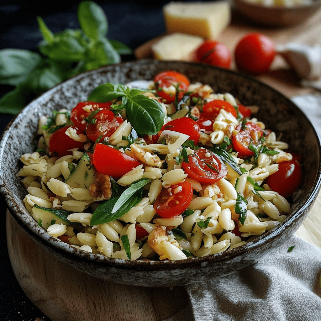 Risoni-Salat – Das ultimative Rezept für mediterranen Genuss 8 Griechisch inspirierter Risoni-Salat mit Tomaten, Basilikum und Walnüssen
