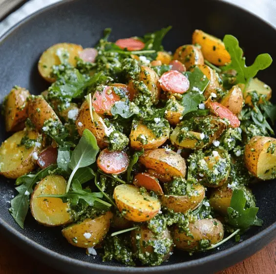 Rucola-Pesto-Kartoffelsalat – Das beste Sommergericht mit mediterraner Frische 9 Kartoffelsalat mit Rucolapesto, Radieschen und Parmesan in Schüssel serviert