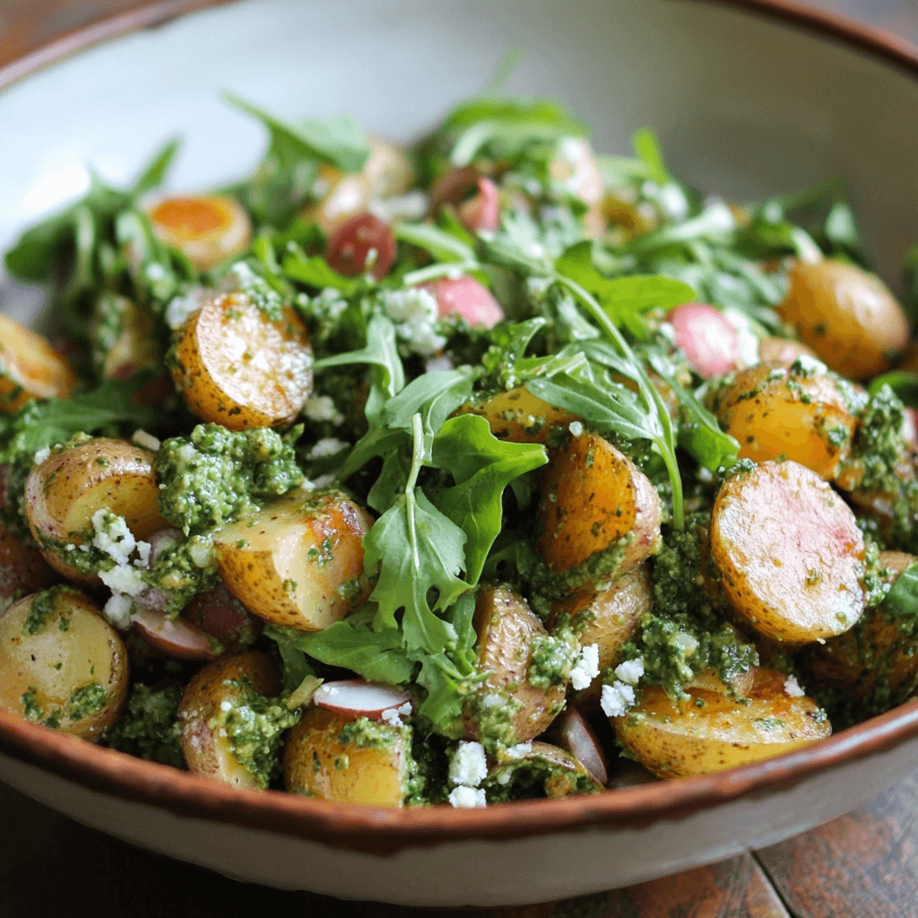 Rucola-Pesto-Kartoffelsalat – Das beste Sommergericht mit mediterraner Frische 8 Sommerlicher Kartoffelsalat mit Rucolapesto und zerbröseltem Feta in Schüssel