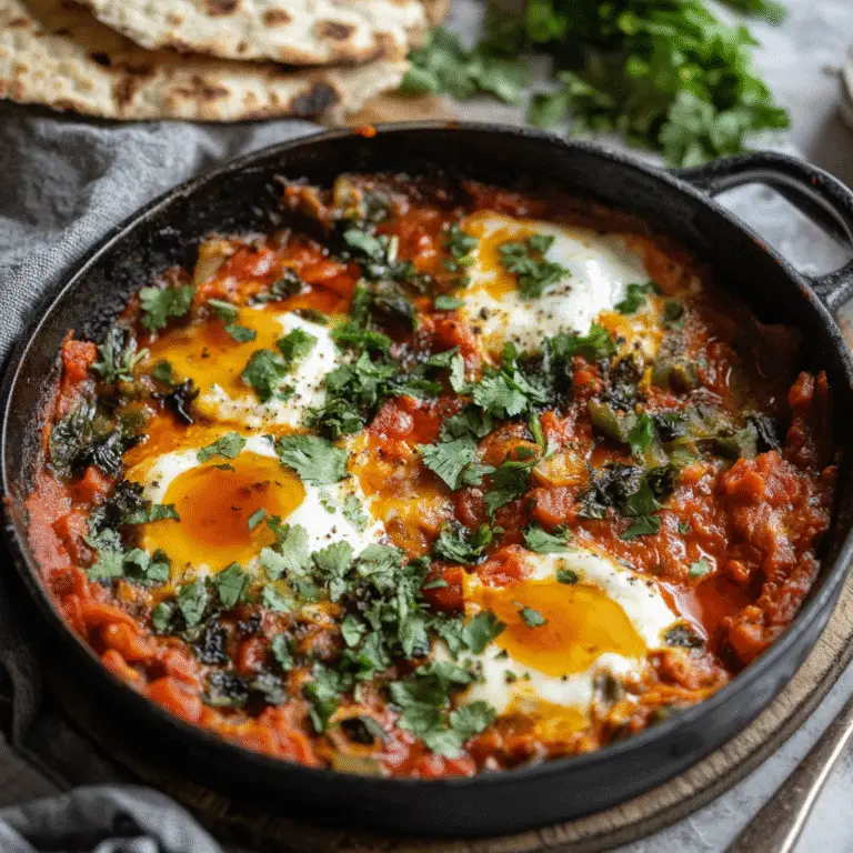 Shakshuka-Rezept Vegan – Die beste pflanzliche Variante des Klassikers 9 shakshuka-rezept-vegan mit Koriander und Tofu-Ei-Ersatz in gusseiserner Pfanne