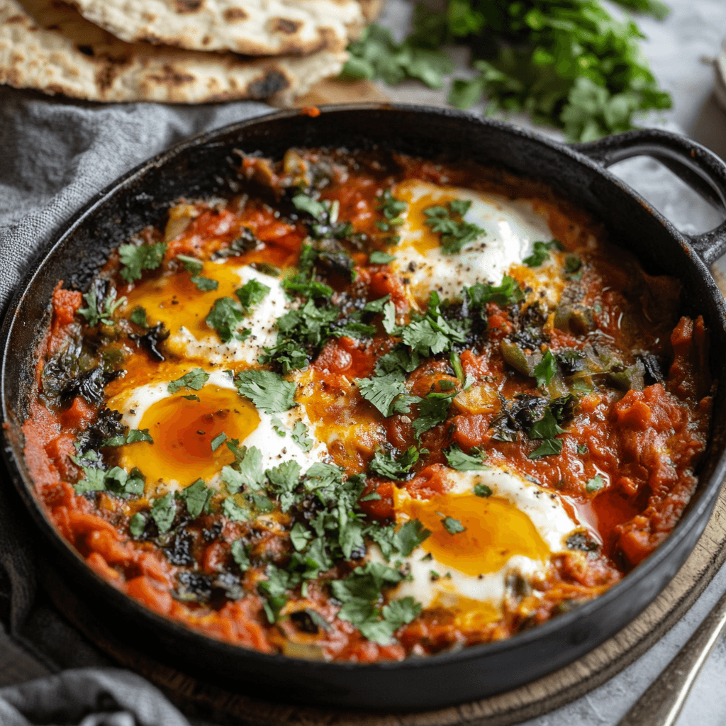 shakshuka-rezept-vegan mit Koriander und Tofu-Ei-Ersatz in gusseiserner Pfanne