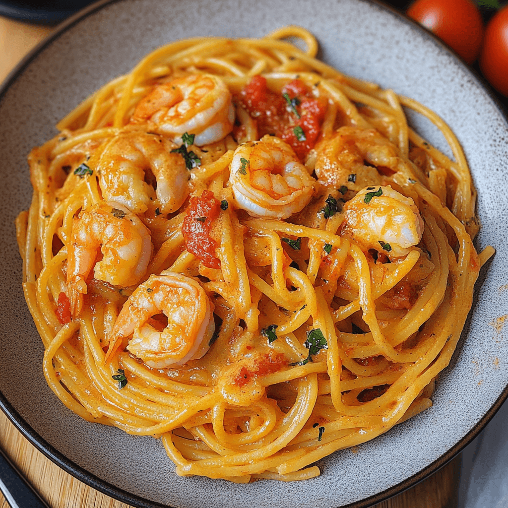 Spaghetti mit Garnelen und Tomaten Sahne Soße – Das ultimative Originalrezept 7 Garnelen-Spaghetti mit Tomaten-Sahnesoße angerichtet in grauer Schale
