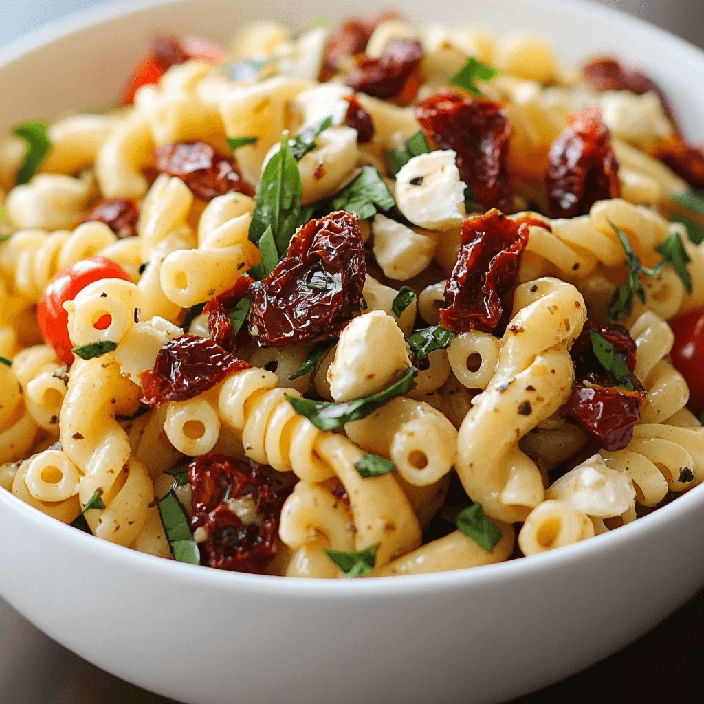 Pasta mit getrockneten Tomaten, Mozzarella und frischem Basilikum in einer weißen Schale