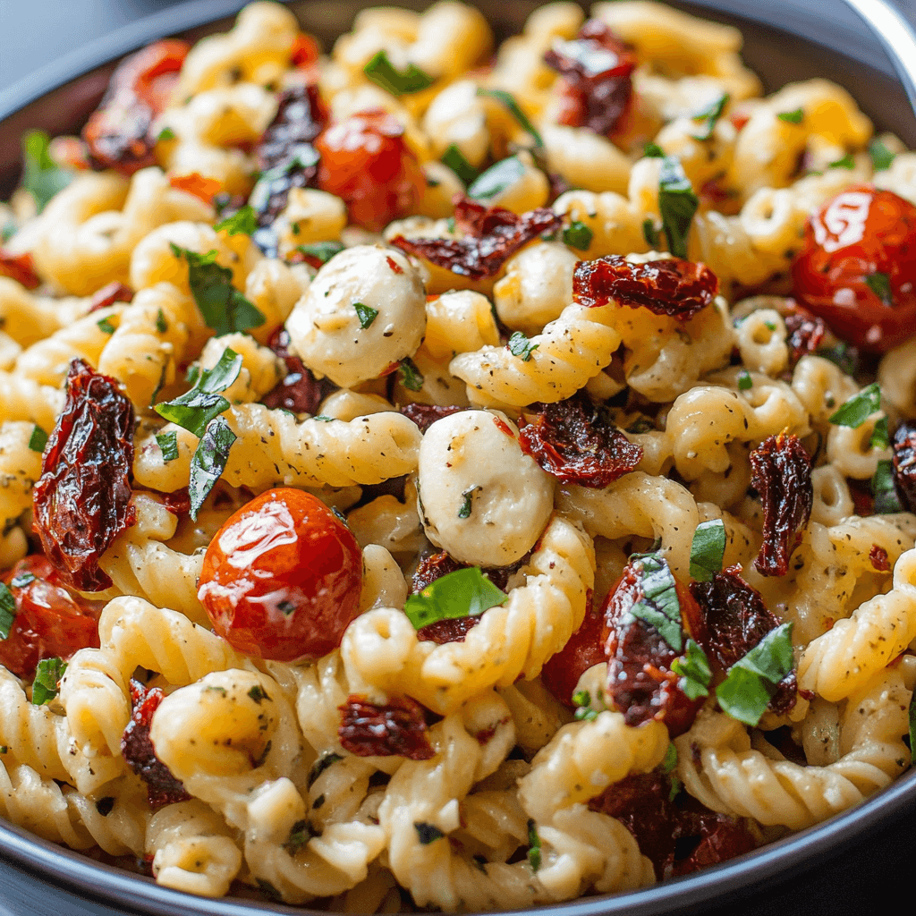 Tomatennudelsalat Mediterraner Nudelsalat für heiße Sommertage 6 Bunte Spiralnudeln mit Cherrytomaten, Mozzarellakugeln, Kräutern und getrockneten Tomaten in einer dunklen Schüssel