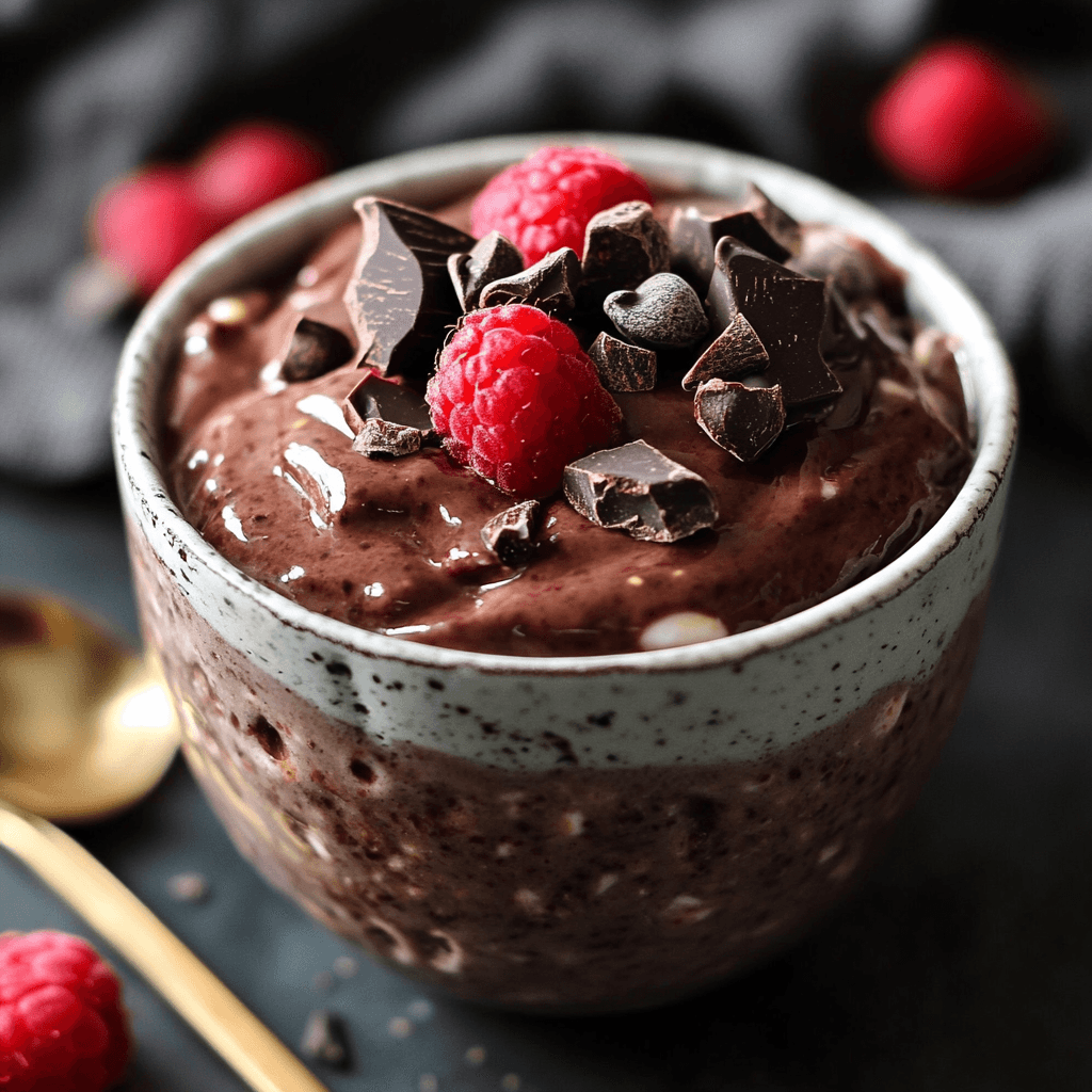 Schokoladige Overnight Oats in einem Becher, getoppt mit Himbeeren und dunkler Schokolade