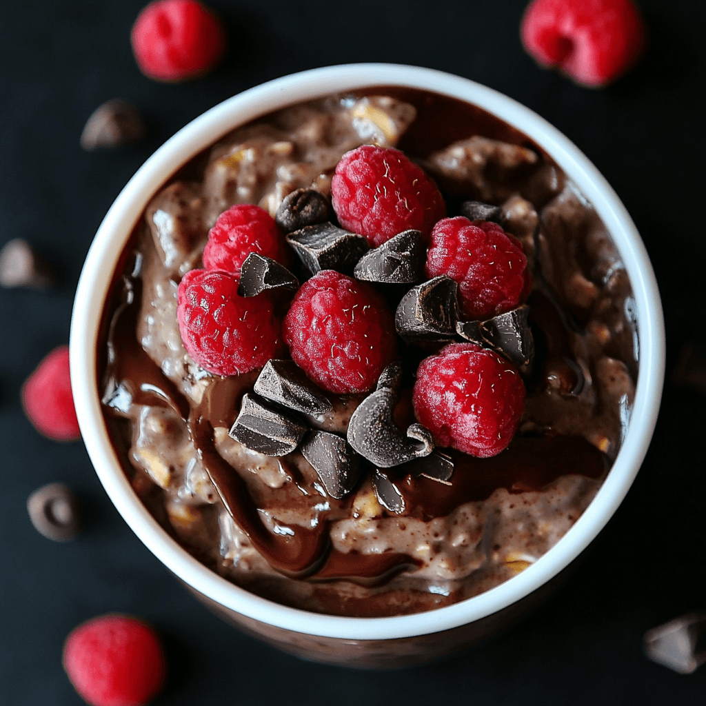 Zartbitterschokolade Himbeere – Die verführerische Kombination für Naschkatzen 6 Glas mit Overnight Oats, dekoriert mit Himbeeren und Zartbitterschokolade von oben fotografiert