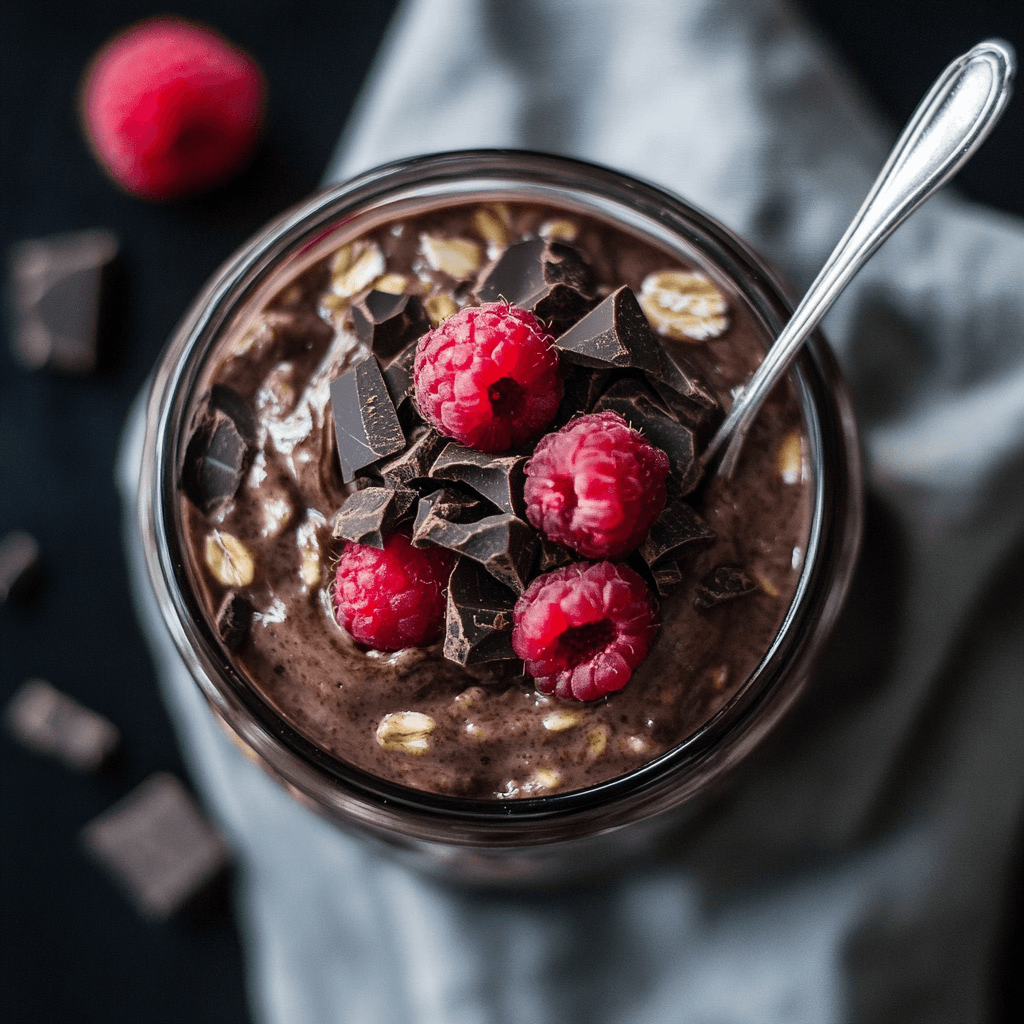Zartbitterschokolade Himbeere – Die verführerische Kombination für Naschkatzen 7 Overnight Oats mit Schokosauce, frischen Himbeeren und dunklen Schokostückchen