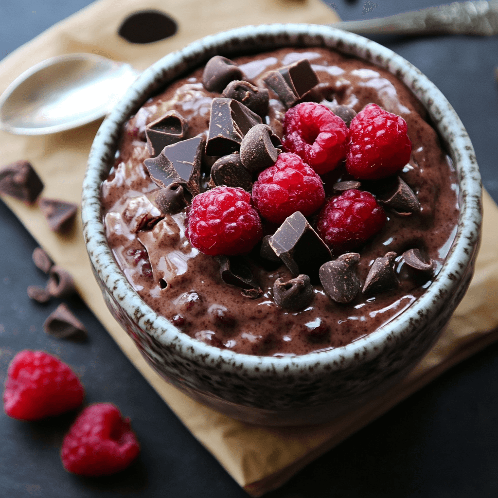 Zartbitterschokolade Himbeere – Die verführerische Kombination für Naschkatzen 8 Rustikaler Keramikbecher mit schokoladigen Oats, frischen Himbeeren und Schokostücken