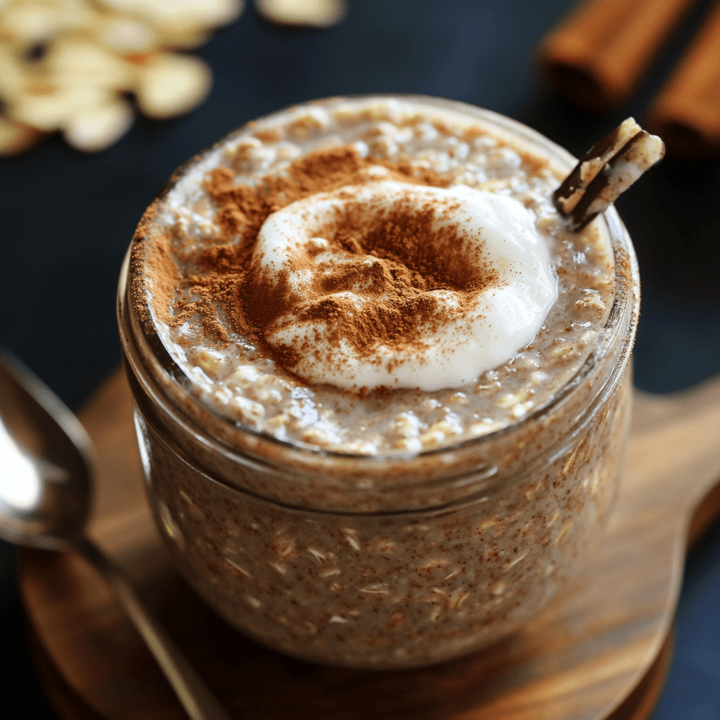 Zimtbrötchen Overnight Oats topped with cinnamon and yogurt in a jar