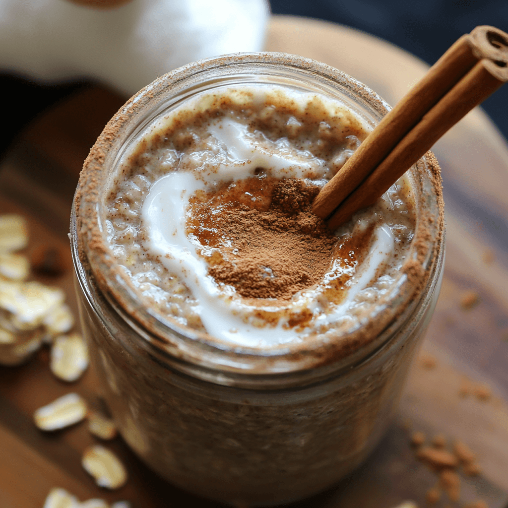 Zimtbrötchen Overnight Oats – The Most Delicious Cinnamon Breakfast You’ll Ever Try 6 Cinnamon stick in creamy Zimtbrötchen Overnight Oats with yogurt
