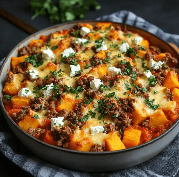 Süßkartoffel Hackfleisch Auflauf mit Feta