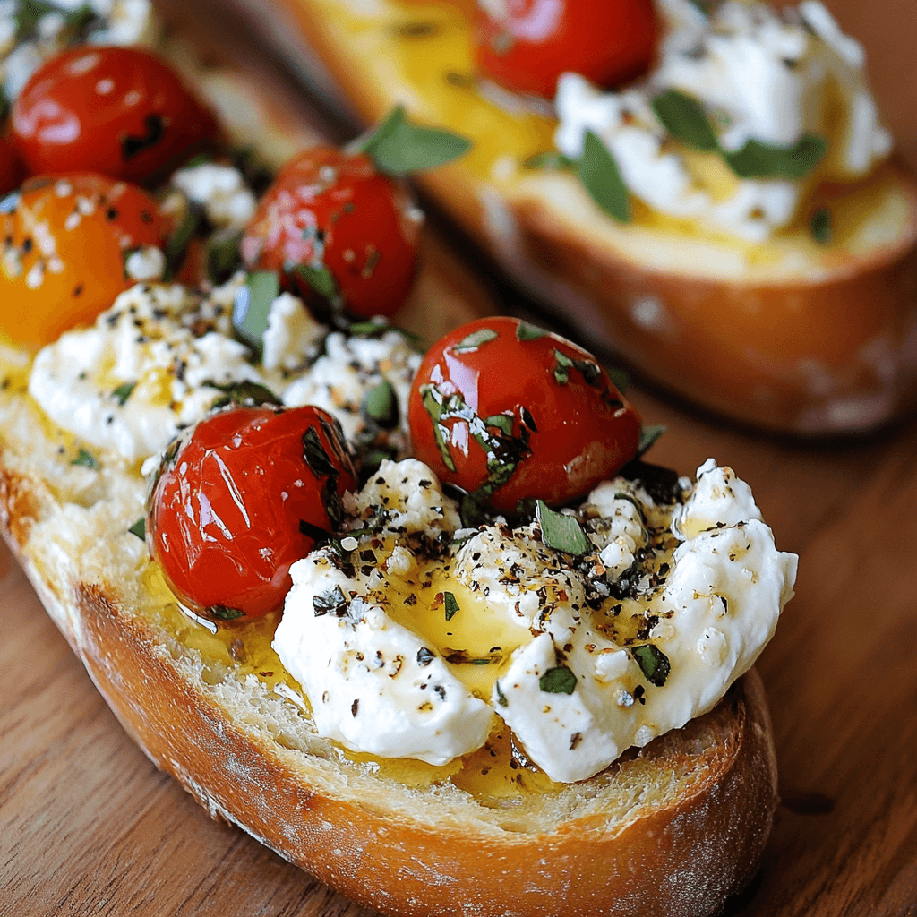 Baguette Vorspeise mit Ricotta, Kirschtomaten und frischen Kräutern auf Holzbrett