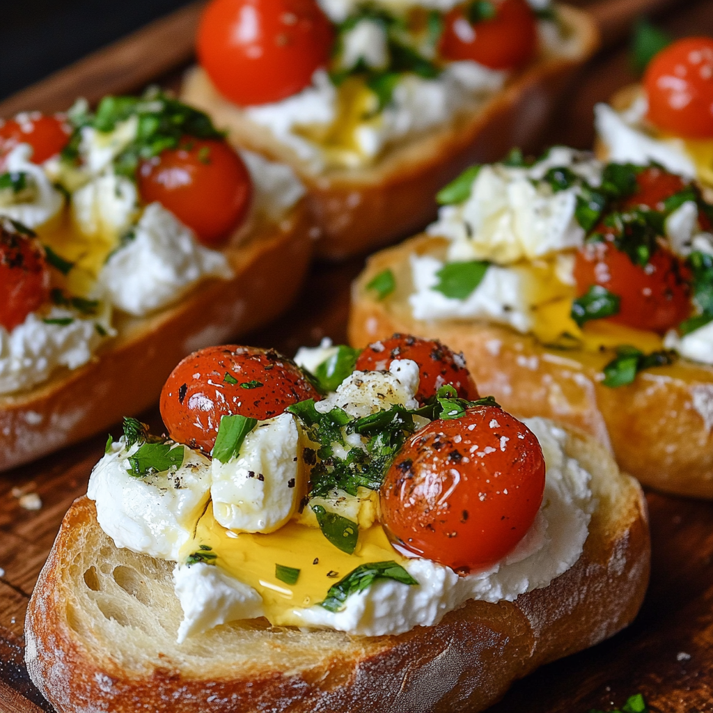 Baguette Brot Vorspeisen – Die besten Ideen & Rezepte für jeden Anlass 8 Knusprige Baguette Scheiben mit Ricotta, gebackenen Tomaten und Kräutern