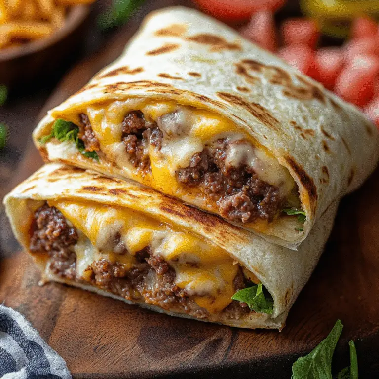 Cheeseburger Wraps – Die beste Art, einen Burger neu zu genießen 9 Cheeseburger Wraps mit geschmolzenem Käse und Rinderhack auf Holzbrett