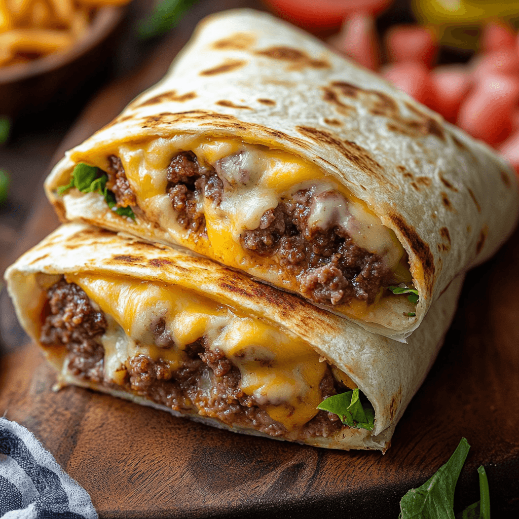 Cheeseburger Wraps mit geschmolzenem Käse und Rinderhack auf Holzbrett