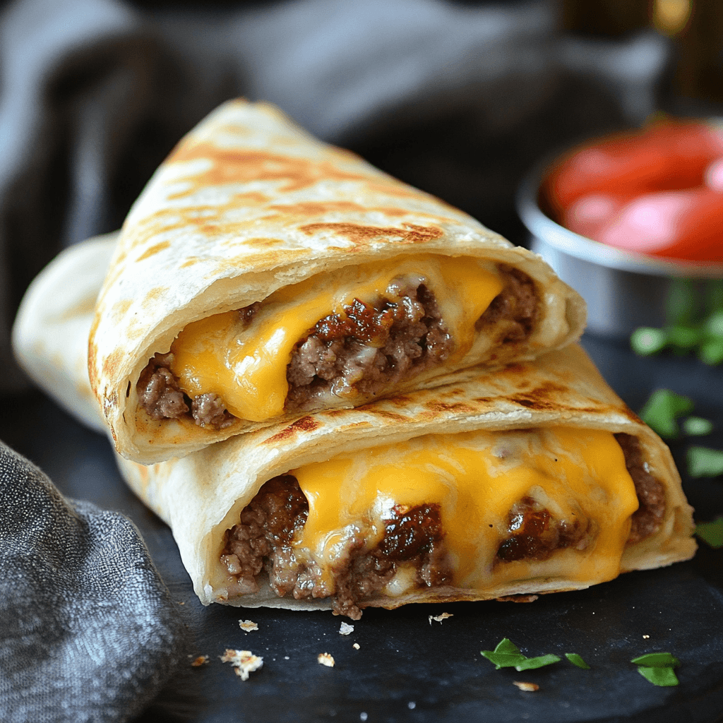 Cheeseburger Wraps – Die beste Art, einen Burger neu zu genießen 6 Cheeseburger Wraps mit Cheddar auf dunklem Teller angerichtet
