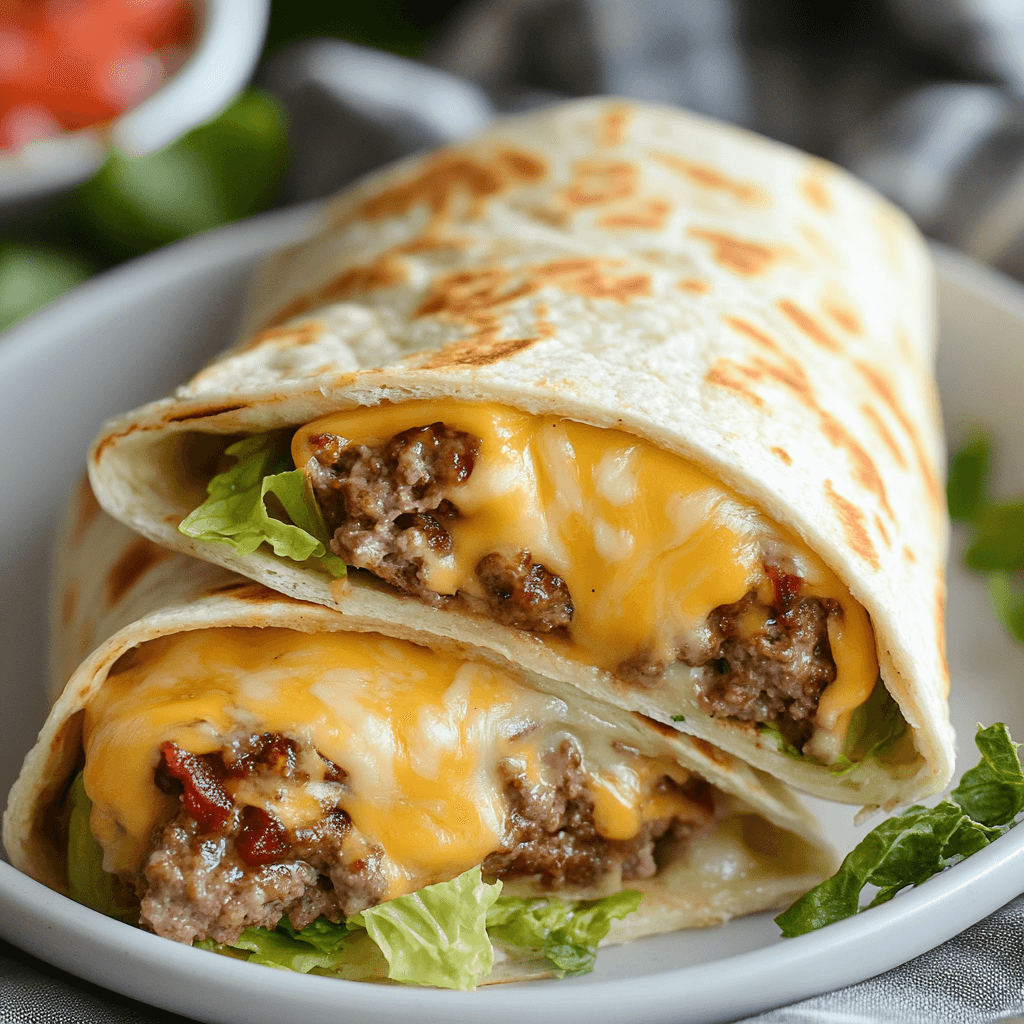 Cheeseburger Wraps – Die beste Art, einen Burger neu zu genießen 7 Cheeseburger Wraps mit Rinderhack, Cheddar und Salat auf weißem Teller