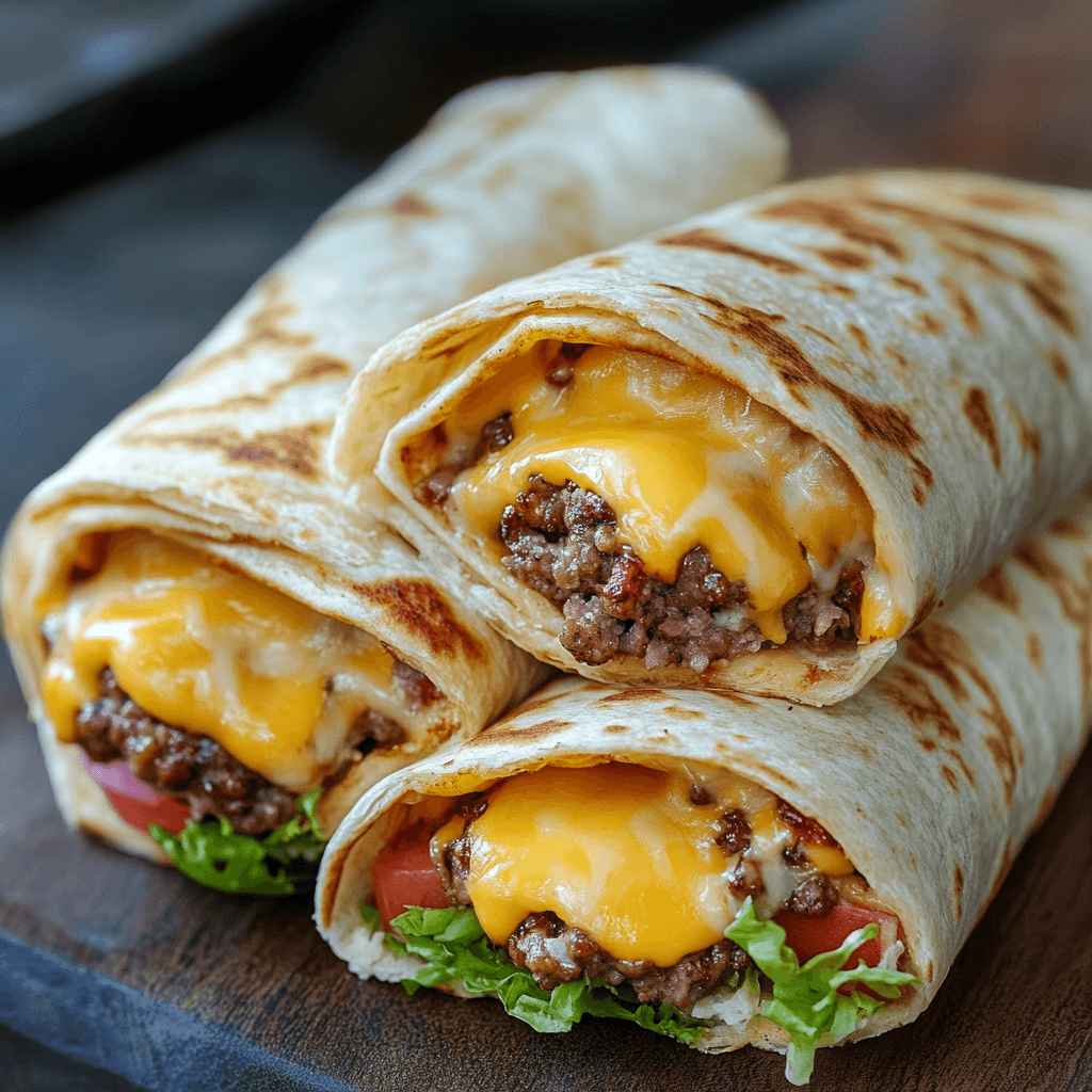 Cheeseburger Wraps – Die beste Art, einen Burger neu zu genießen 8 Drei Cheeseburger Wraps mit Hackfleisch, Tomaten, Käse und Salat
