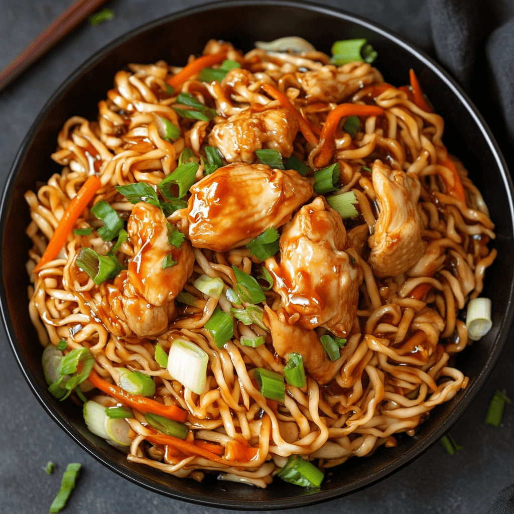 Chinesisch gebratene Nudeln mit Hähnchen und Gemüse in dunkler Sojasauce serviert in einer schwarzen Schüssel