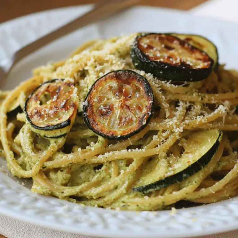 Cremige Zucchini Zitronen Pasta: Das Beste Sommergericht mit Frische-Kick 9 Cremige Zucchini Zitronen Pasta mit gerösteten Zucchinischeiben und Parmesan auf weißem Teller