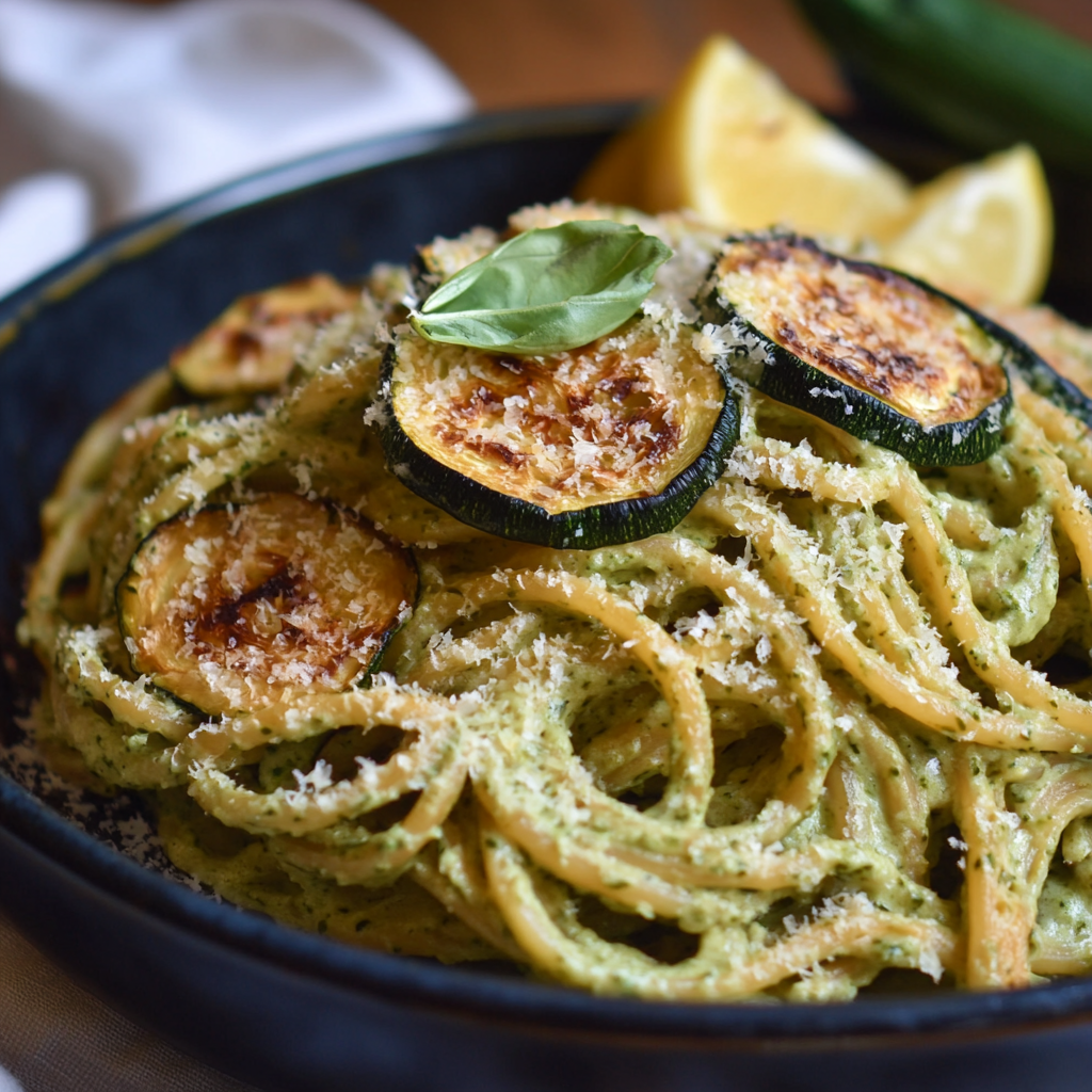 Cremige Zucchini Zitronen Pasta: Das Beste Sommergericht mit Frische-Kick 8 Cremige Zucchini Zitronen Pasta mit gerösteter Zucchini und Zitrone in dunkler Bowl