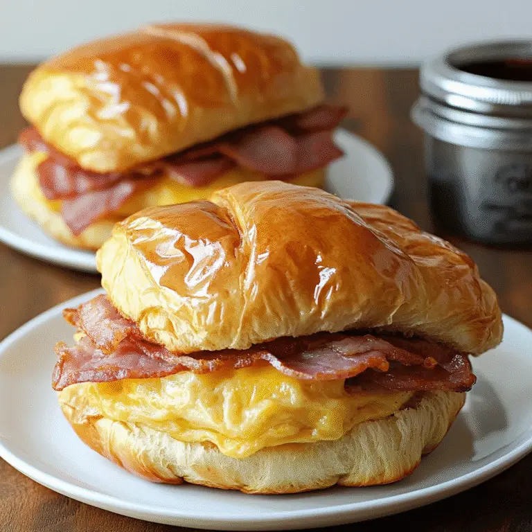 Croissant Frühstücks Sandwiches – Der ultimative Guide für ein perfektes Frühstück 9 Croissant Frühstücks Sandwich mit Rührei, Cheddar und knusprigem Bacon auf weißem Teller