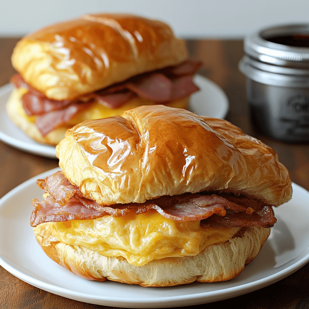 Croissant Frühstücks Sandwich mit Rührei, Cheddar und knusprigem Bacon auf weißem Teller