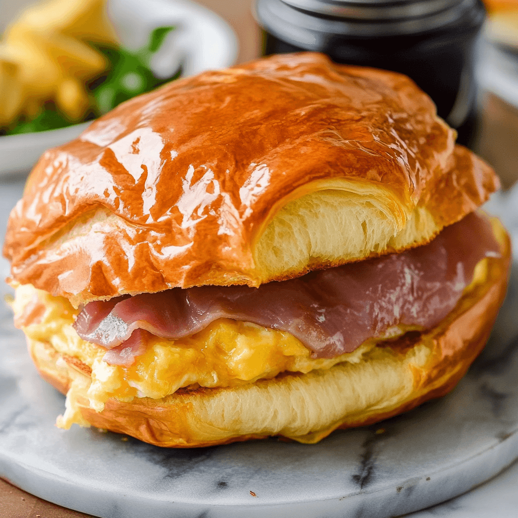 Croissant Frühstücks Sandwiches – Der ultimative Guide für ein perfektes Frühstück 6 Croissant Sandwich mit cremigem Rührei und zartem Schinken auf Marmorplatte