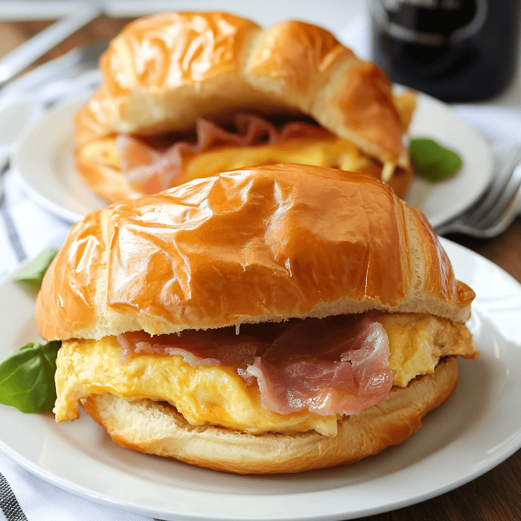 Croissant Frühstücks Sandwiches – Der ultimative Guide für ein perfektes Frühstück 7 Frühstücks Croissant mit Ei, Schinken und Käse auf weißem Porzellanteller