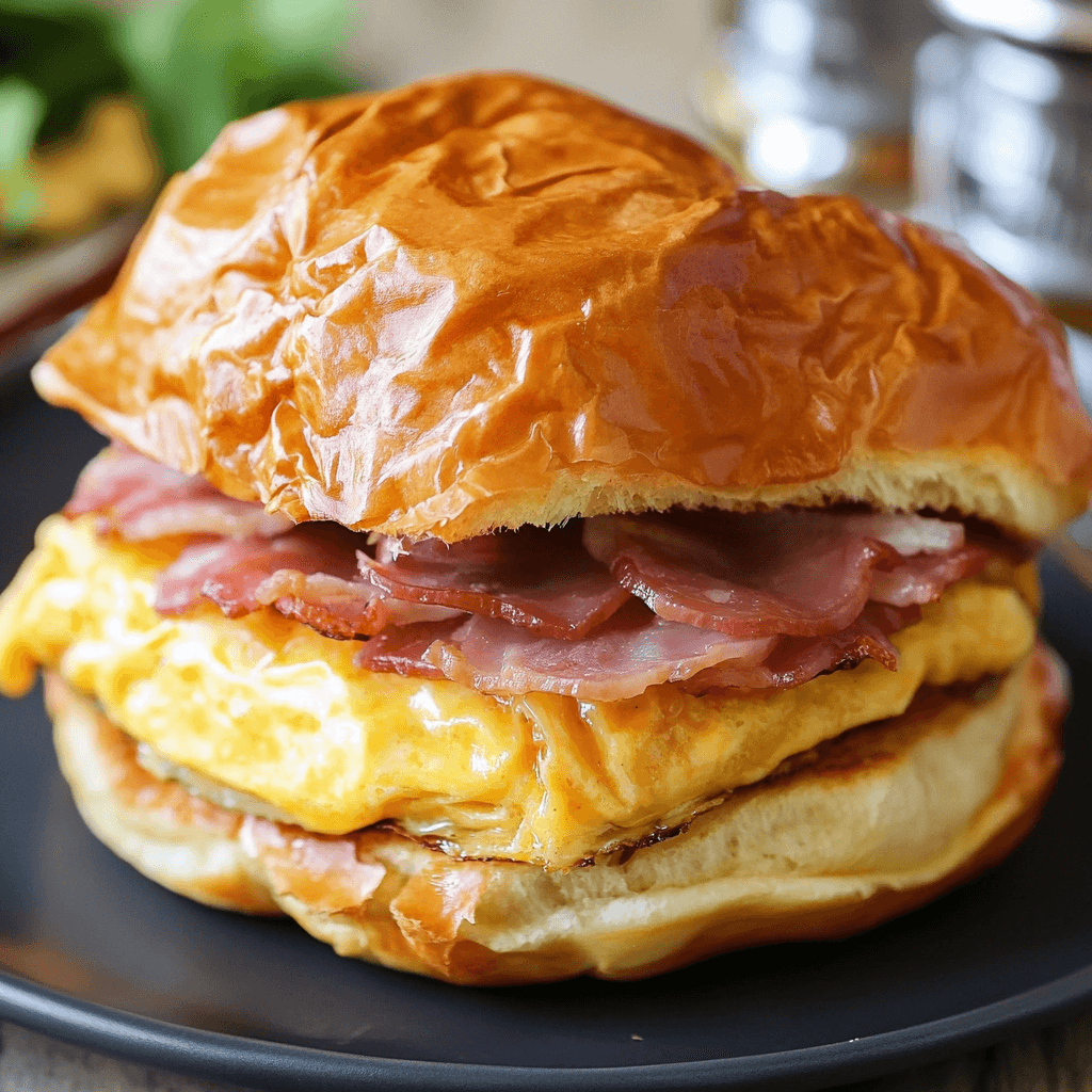 Croissant Frühstücks Sandwiches – Der ultimative Guide für ein perfektes Frühstück 8 Goldenes Croissant Frühstücks Sandwich mit Rührei, Bacon und Cheddar auf schwarzem Teller