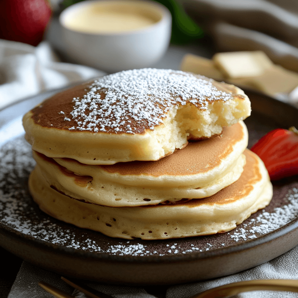 Stapel fluffiger Pancakes mit Puderzucker und Bissstelle
