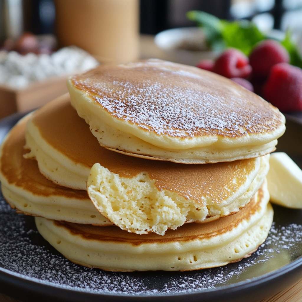 Fluffige Pancakes: Das beste Rezept und die Geheimnisse für lockeren Frühstücksgenuss 6 Goldbraune Pancakes mit Puderzucker und Erdbeeren im Hintergrund