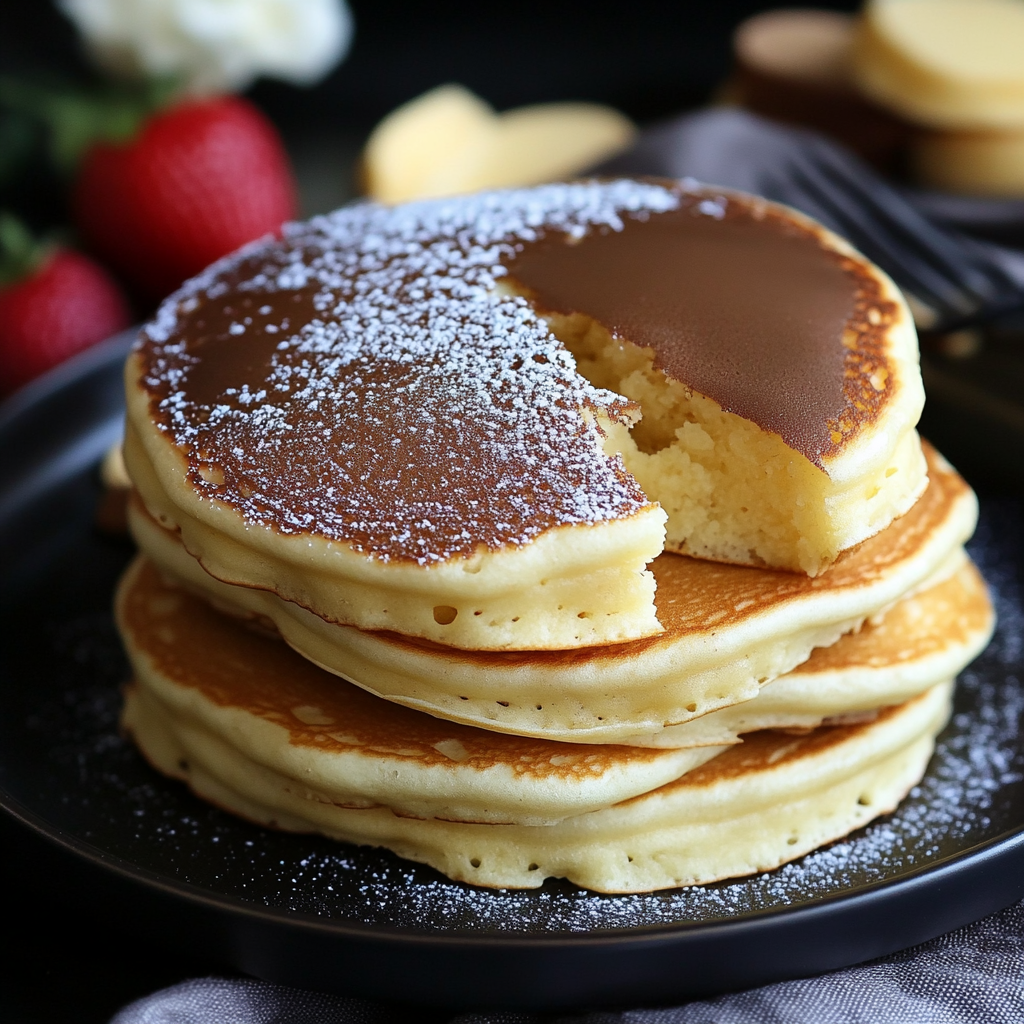 Fluffige Pancakes: Das beste Rezept und die Geheimnisse für lockeren Frühstücksgenuss 7 Fluffige Pancakes mit angeschnittenem Stück und Puderzucker