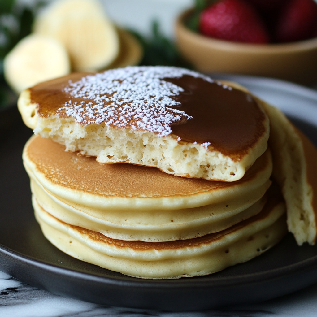Fluffige Pancakes: Das beste Rezept und die Geheimnisse für lockeren Frühstücksgenuss 8 Luftige Pancakes mit Bissstelle und Banane im Hintergrund