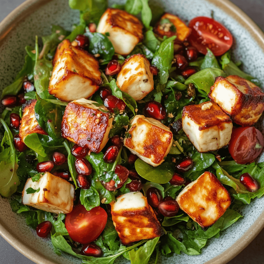 Frischer Halloumi Granatapfel Salat mit Rucola und Kirschtomaten