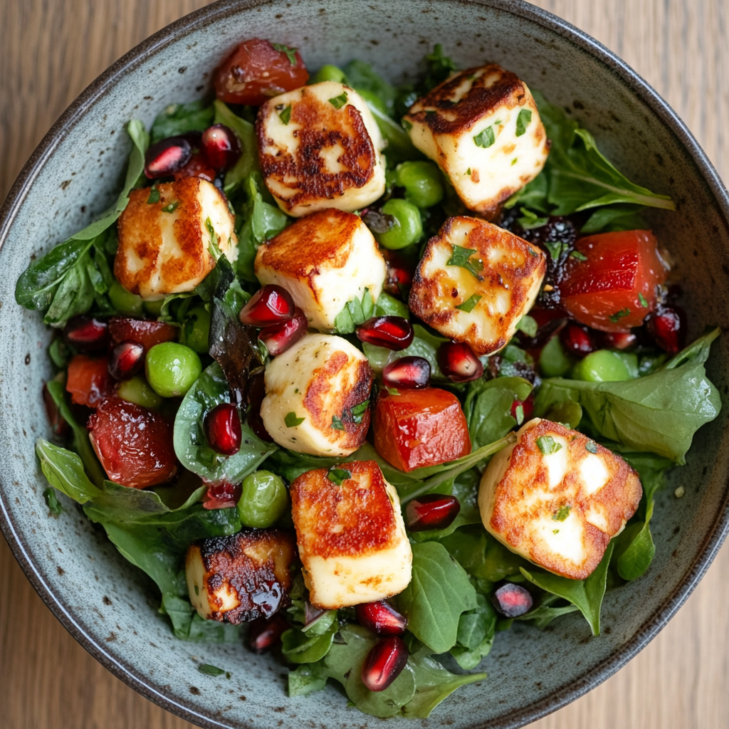 Frischer Halloumi Granatapfel Salat Das perfekte Sommerrezept 6 Halloumi Salat mit Granatapfel, Rucola und Edamame