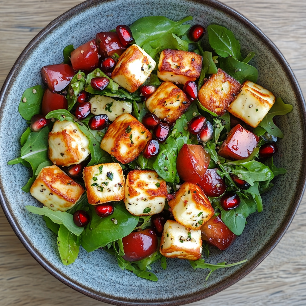 Frischer Halloumi Granatapfel Salat Das perfekte Sommerrezept 7 Frischer Halloumi Granatapfel Salat mit Tomatenwürfeln und Rucola