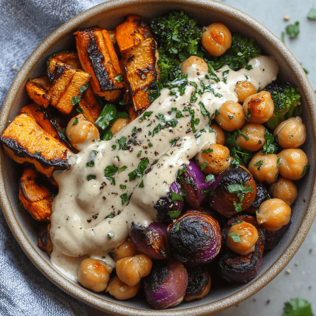 Gebratene Gemüse mit Kichererbsen und Tahini-Dressing in einer Bowl