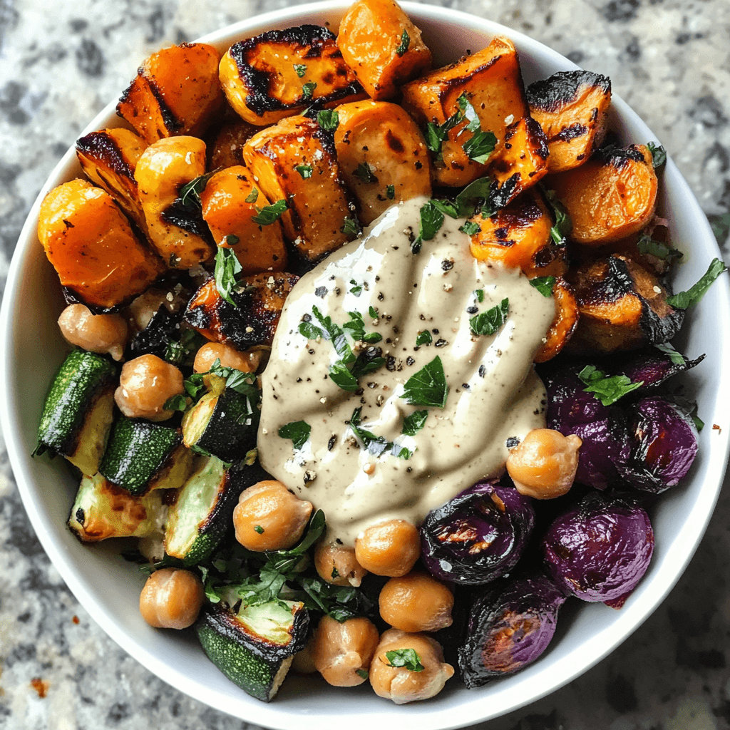 Gebratene Gemüse und Kichererbsenschalen – Das Beste Rezept für ein gesundes Gericht voller Geschmack 6 Bunte Bowl mit gebratenen Süßkartoffeln, Zucchini und Kichererbsen
