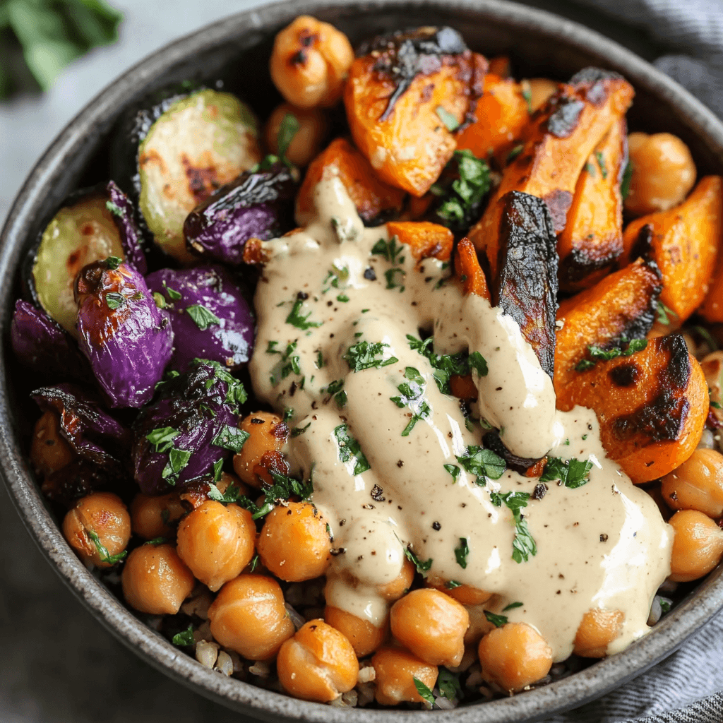 Gebratene Gemüse und Kichererbsenschalen – Das Beste Rezept für ein gesundes Gericht voller Geschmack 8 Vegane Bowl mit gebratenen Karotten, Zucchini und Kichererbsen