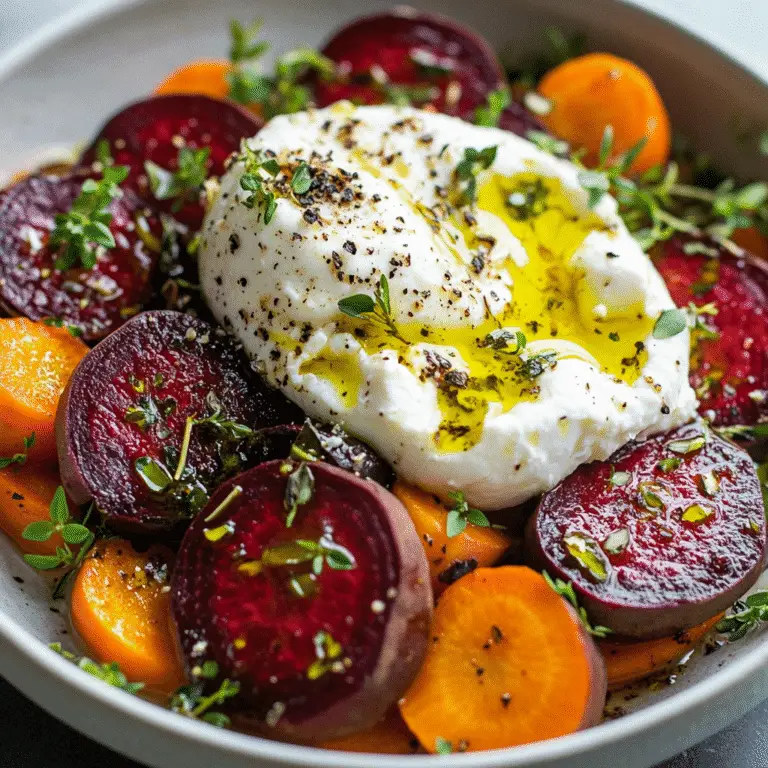 Gebratene Rote Bete und Karotten mit Burrata – Das Beste Rezept für Geschmack & Gesundheit 9 Gebratene Rote Bete und Karotten mit Burrata, Olivenöl und Thymian auf einem hellen Teller